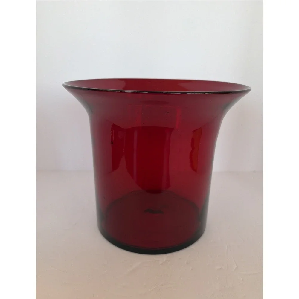 Vintage Hand Blown Ruby Red Art Glass‎ Vase Candle Holder Urn Blenko Style